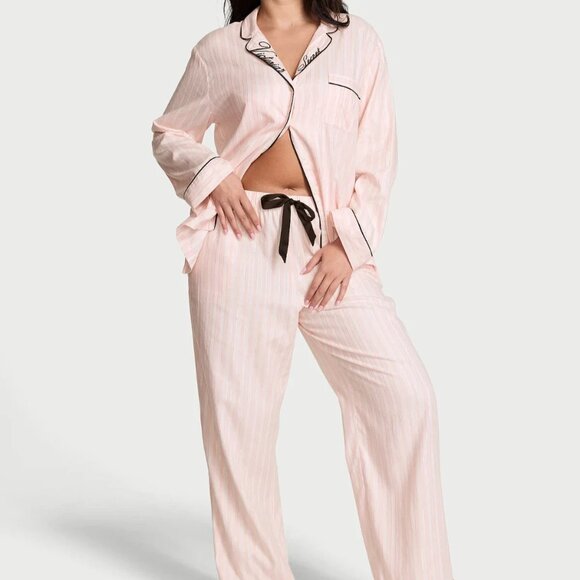 Victoria's Secret Other - Victoria's Secret Embroidered Flannel Long Pajama Set in Pink Iconic Stripes, M